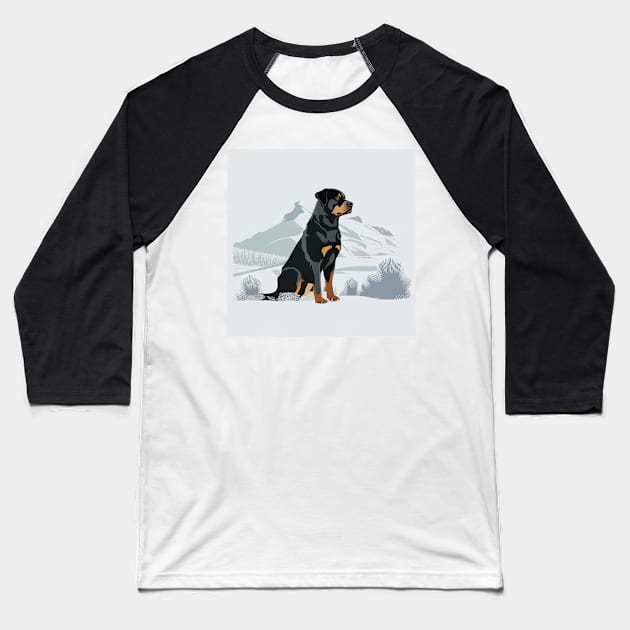 Embrace the Winter with the Rottweiler Mountain Design Baseball T-Shirt by Greenbubble